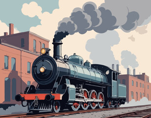 A retro steam locomotive in a smoke clouds moves quickly against the backdrop of industrial buildings, railway workshops and depots. Handmade drawing vector illustration. Art deco style © mjonb 