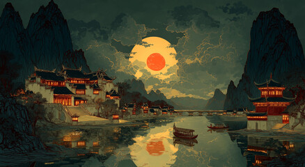 A Chinese-style scene, with a red moon in the sky over mountains and water