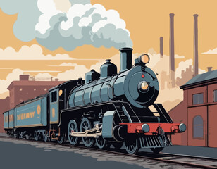 A retro steam locomotive in a smoke clouds moves quickly against the backdrop of industrial buildings, railway workshops and depots. Handmade drawing vector illustration. Art deco style © mjonb 