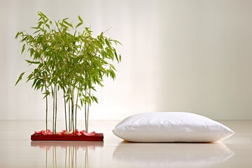 A minimalist scene of green bamboo plants and a white pillow