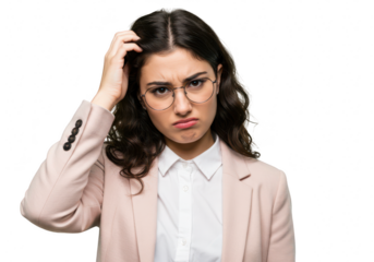 A woman in a business suit and glasses looks confused and scratches her head, isolated on transparent background