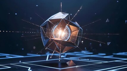 A futuristic geometric sphere with glowing core amidst a digital landscape of lines and shapes - Powered by Adobe