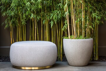 Light gray, textured ottoman beside a larger planter, surrounded by a bamboo hedge