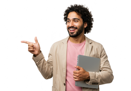 A happy man with curly hair points to the left while holding a laptop, isolated on a transparent background