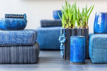 Blue patterned cushions, pottery, and plants