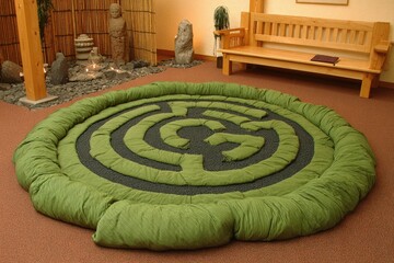 Circular meditation labyrinth, surrounded by green cushions