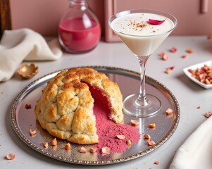 Rose Petal Sherbet Vodka Martini with Sweet Badambura Almond Nut Pastry, Azerbaijan Food and Drink