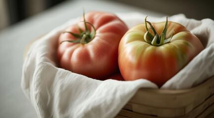 Freshly harvested ripe tomatoes nestled in a rustic basket on a wooden table