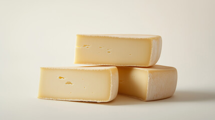 Slices of creamy cheese stacked on a light background showcasing its texture and color
