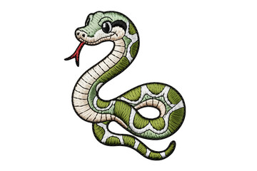 Fototapeta premium Embroidered green snake with red tongue white