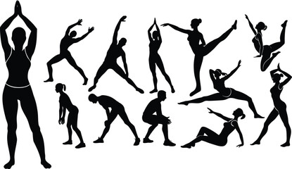 silhouettes of dancing people, Fitness and yoga workout silhouette vector set, active exercise poses, health and wellness clipart collection