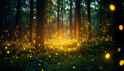 Fototapeta premium Enchanting forest at twilight with glowing fireflies