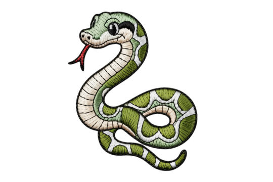 Embroidered green snake with red tongue white