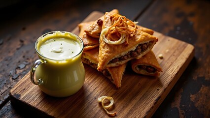 Smoked Yogurt Dovga with Golden Qutab Meat Onion Pastries, Caucasian Food and Drink