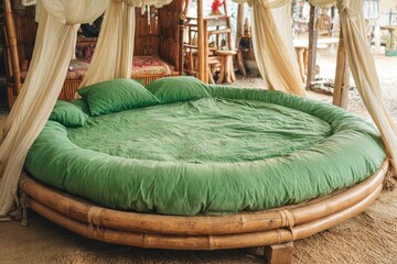 Round Bamboo Bed with Green Linen