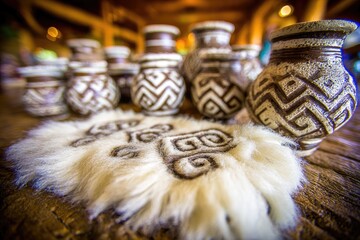 Hand-crafted pottery and textiles.  Intricate designs on ceramic jugs and a fur rug