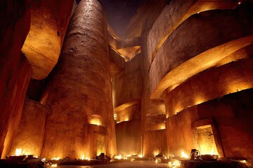 Ancient, earthen structure at night, lit by warm flames