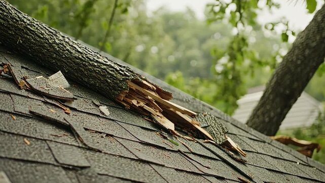 Damaged roof with tree branch