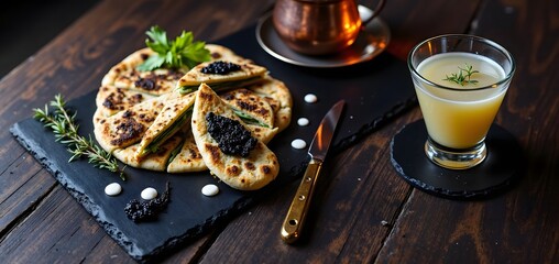 Wild Thyme Black Tea Sour with Smoked Qutab Flatbread with Black Garlic Paste, Caucasian Food and Drink