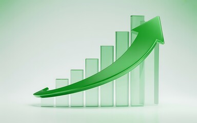 Green arrow indicating upward trend on a translucent bar chart against a light green background