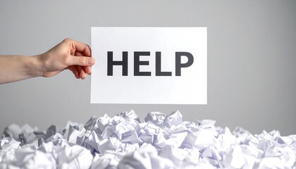 A hand holding a sign that says "HELP" above a pile of crumpled papers