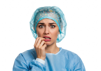 A medical professional in scrubs and surgical cap looks worried and bites her nails, showing anxiety, isolated on transparent background