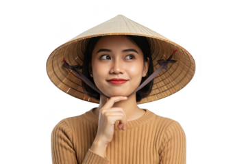 A young vietnamese woman wearing a traditional conical hat and looking thoughtfully to the side, isolated on a transparent background