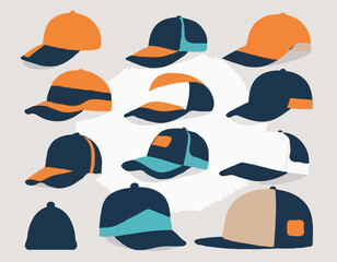 A collection of six stylish cap silhouettes showcasing different designs and angles, perfect for fashion and accessory illustrations