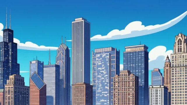 Whimsical cartoon of Chicago skyline with iconic buildings. Suitable for travel blogs, city guides, or Chicago themed designs. Great for posters or merchandise.
