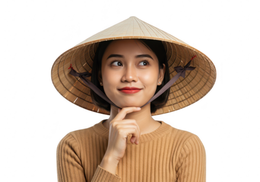 A young vietnamese woman wearing a traditional conical hat and looking thoughtfully to the side, isolated on a transparent background