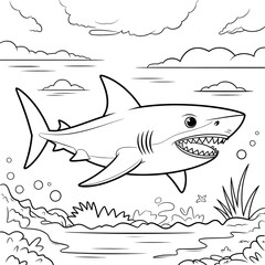 A black and white shark illustration vector style coloring page