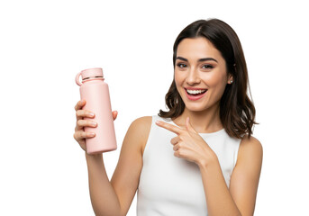A happy young woman holding a pink water bottle and pointing to it, isolated on a transparent background