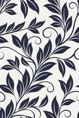Fototapeta premium Dark blue leaves and curls pattern floral white