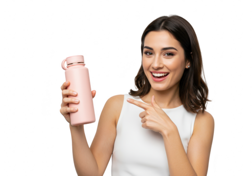 A happy young woman holding a pink water bottle and pointing to it, isolated on a transparent background