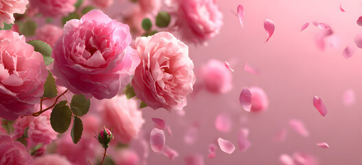 Obraz premium Pink roses and scattered petals on a soft pink background.