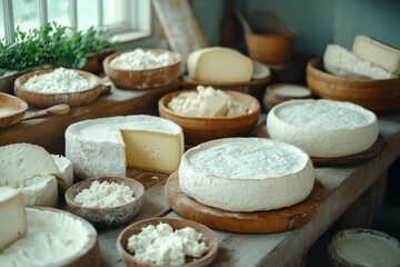 Several homemade cheeses on the table. Generative AI
