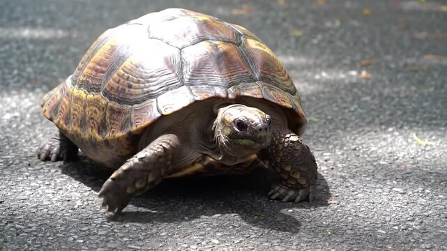 Up-close portrait of a tortoise. Its patterned shell casts a shadow on asphalt. Leaves are visible in the foreground