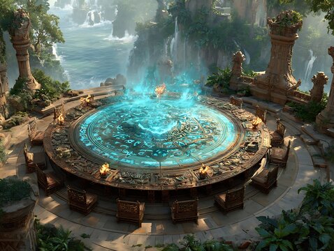 Ancient war council with holographic battle map floating above obsidian table