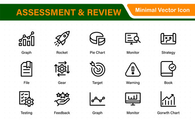 Assessment and review icon pack. Includes rating stars, surveys, feedback forms, and assessment tools.