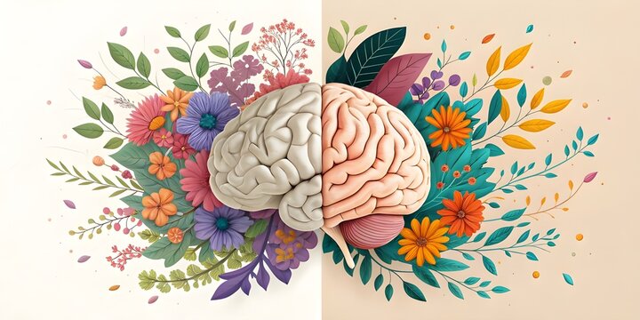 Human brain with spring colorful flowers. Concept of mental health, self care, happiness, harmony, positive thinking, creative mind. World Mental Health day. Generative ai.