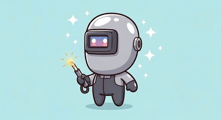 Cute cartoon welder character in safety helmet holding torch on light blue background.
