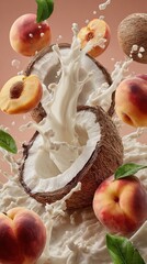 Fresh organic peaches falling into split coconut with coconut milk splash and green leaves on a soft pink background