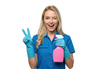 A happy cleaner woman winks and holds a spray bottle, showing the peace sign with her gloved hand isolated on transparent background