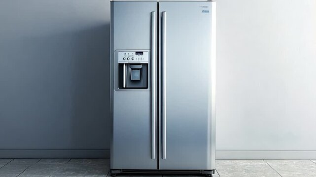 Stainless steel refrigerator with ice and water dispenser against a light gray wall