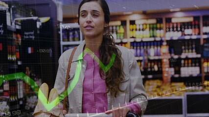 Woman pushing cart through grocery aisle while green line graph appearing tracking price trends - Powered by Adobe
