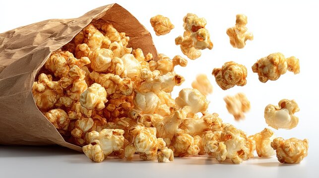 Freshly Popped Caramel Popcorn in a Brown Paper Bag with Scattered Snack Pieces on White Background for Movie Night and Snack Concept