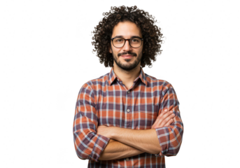 A confident young man with glasses and curly hair in a plaid shirt stands with his arms crossed against a transparent background