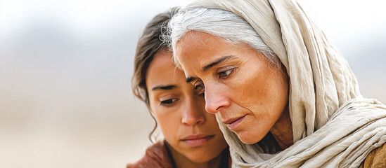 A beautiful, poignant portrait of the biblical figures Ruth and Naomi. This realistic, painterly illustration captures their deep bond of loyalty and support during a time of hardship.