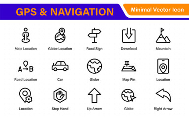 GPS and Navigation Line Icons Pack. Location marker, street map, travel route, direction arrow, geofence, and compass icons. Modern outline collection.