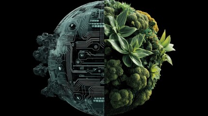 Split-image of a futuristic digital cybernetic brain contrasted with a vibrant lush green eco-friendly natural forest depicting technology versus nature harmony and environmental sustainability